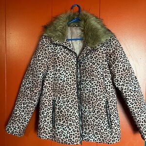 Leopard Print Faux Fur Collar Jacket